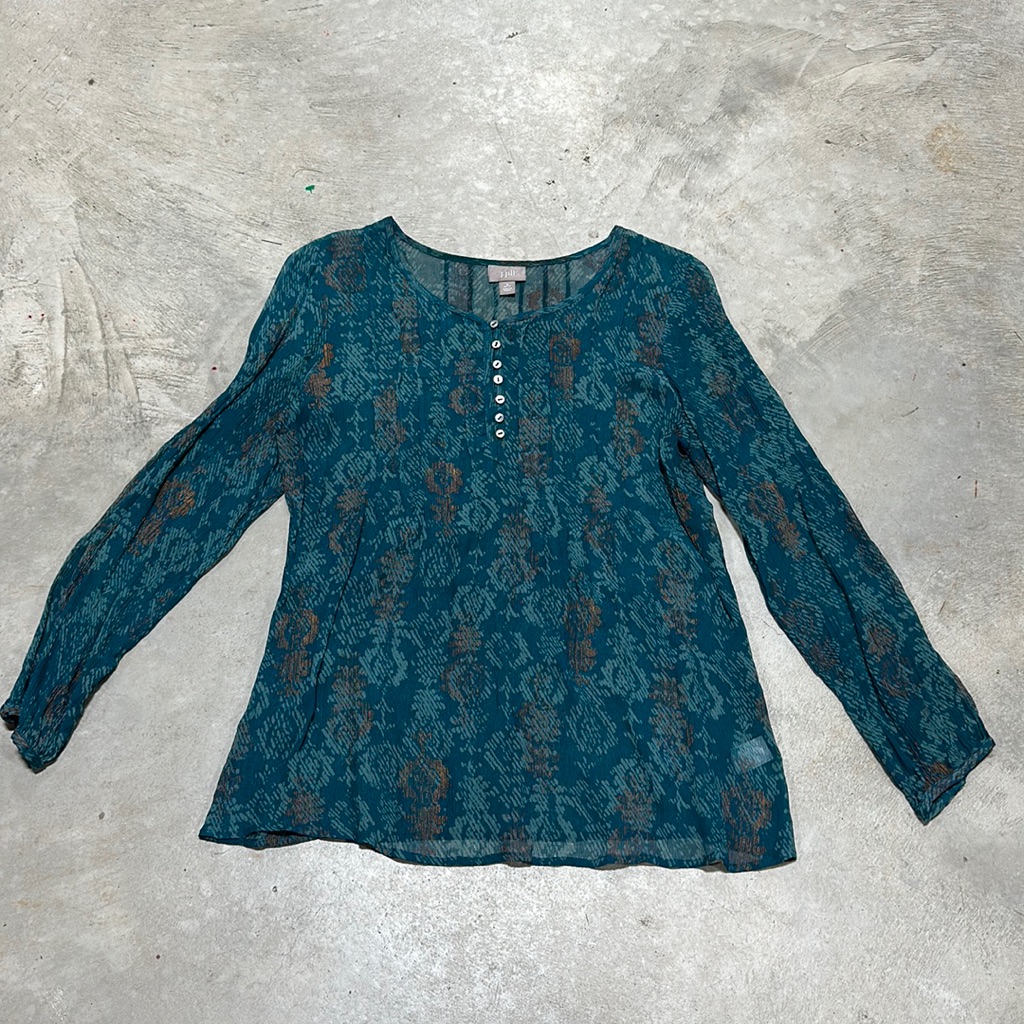 Green With Brown Design Sheet Top Size S Petite JJill Brand R56 Green With Brown Design Sheet Top Size S Petite JJill Brand R56